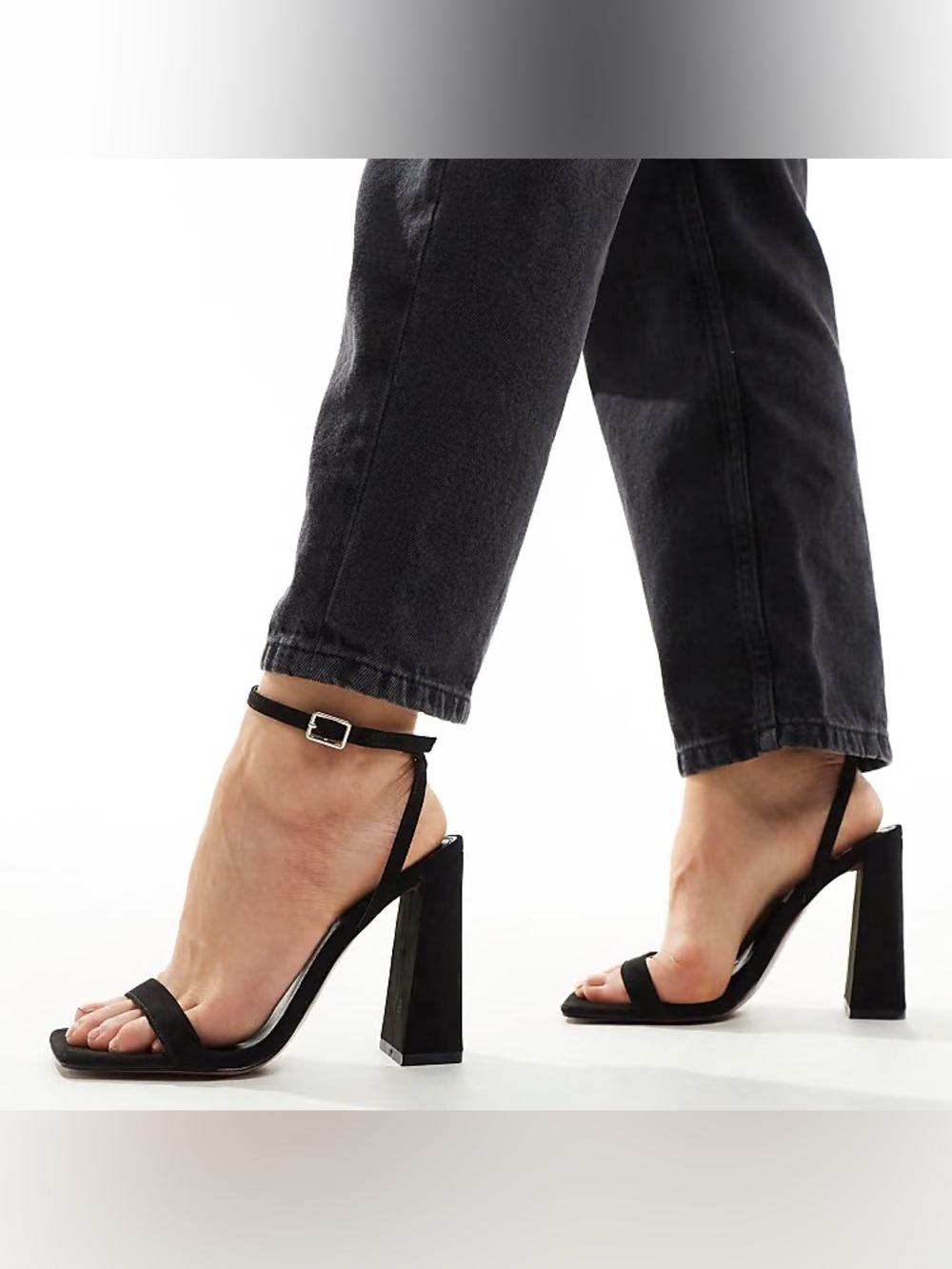 ASOS Black Suede Square-Toe Block Heel Sandals with Ankle Tie. 4IN Heel